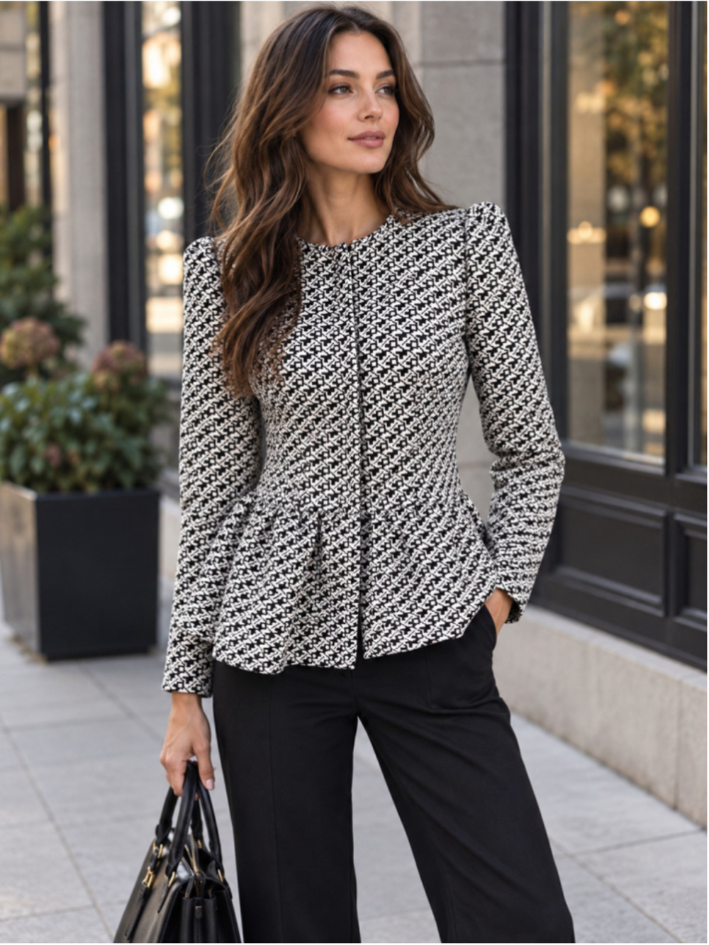 Harlyn Peplum Jacket Women’s XS Geometric Structured 60s Mod Twee Black White